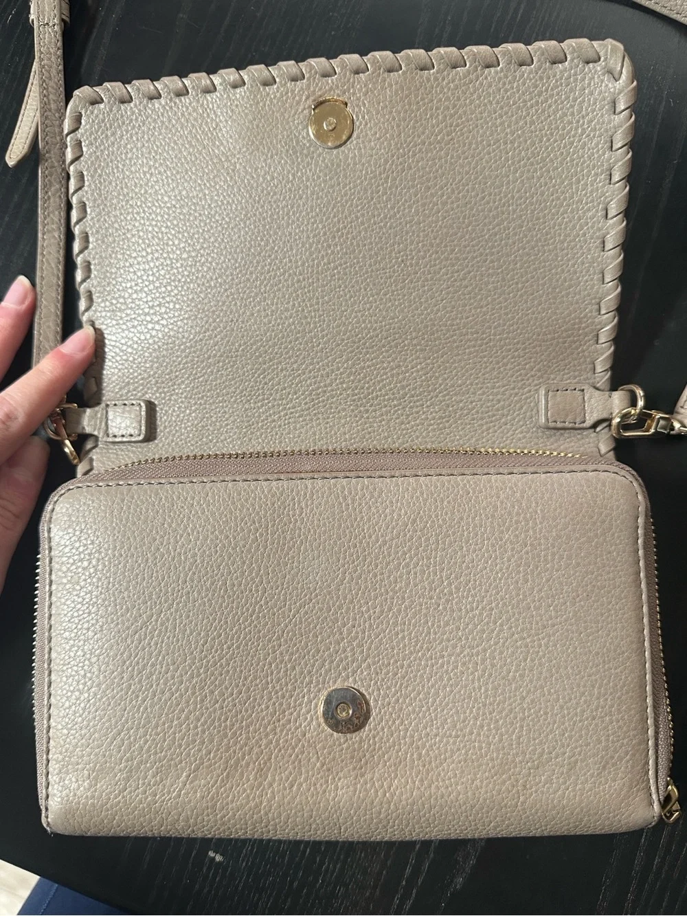 Tory Burch Taupe Leather Crossbody with Whipstitch Detail